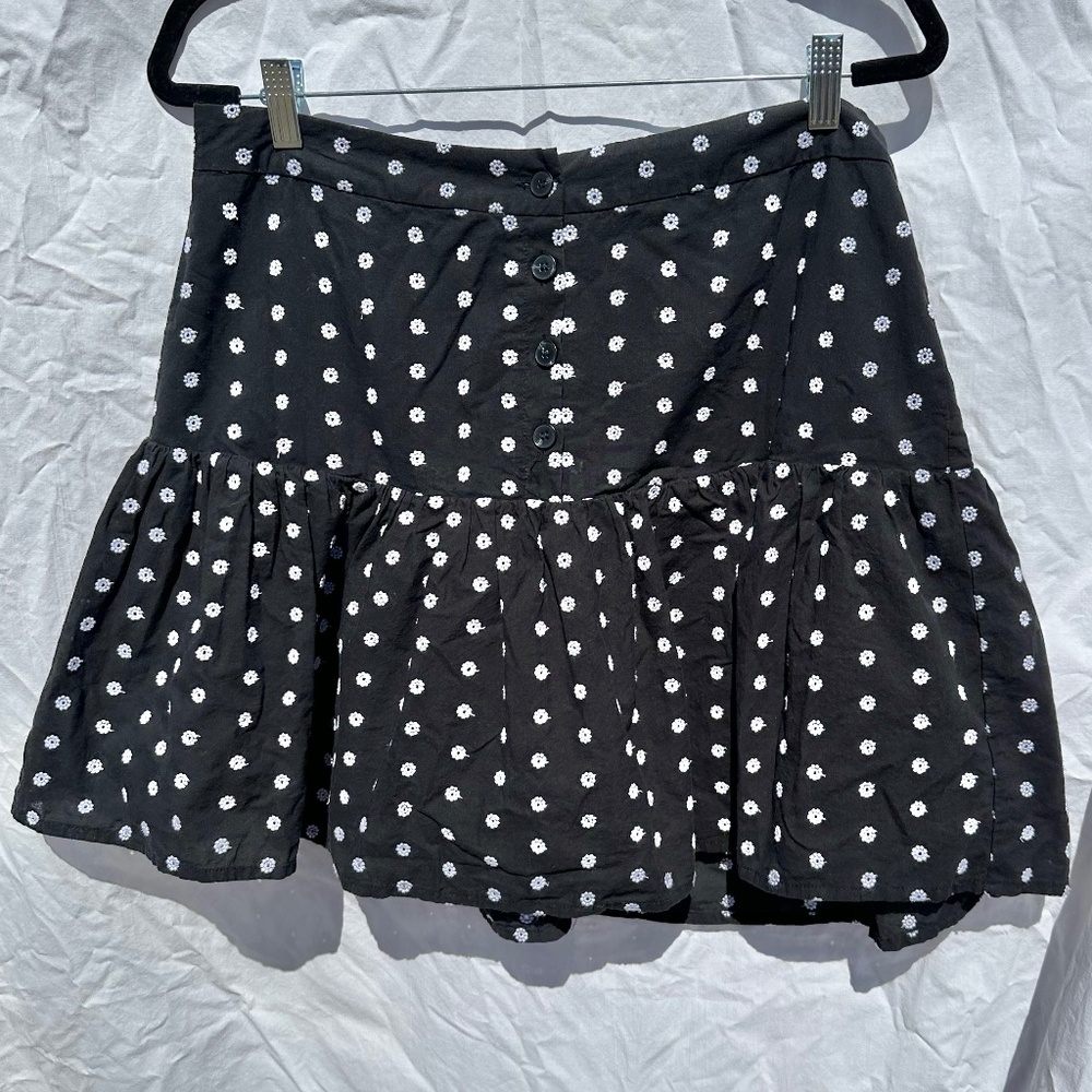 Button Down 100%  Cotton Mini Black Skirt with White Eyelet Contrast Stitching